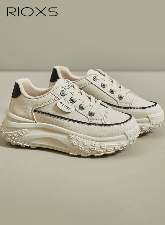 RIOXS Women's Comfort Shoes, 4.5cm Thick Soled Sports Shoes, Fashion Chunky Platform Sneakers for Women, Casual Dating Wedge Sneakers, Classic Lace-Up Athlesiure Shoes, Lady's Lightweight Walking Shoes, Low Top Sneaker for Female,  Anti-slip Trainers for Jogging Running Shopping Daily Wear, Khaki Footwear - Image 5